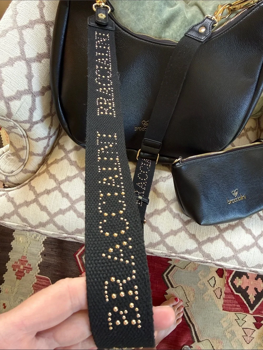 Braccialini Black Pebbled Leather Hobo with Matching Pouch-gorgeous!!